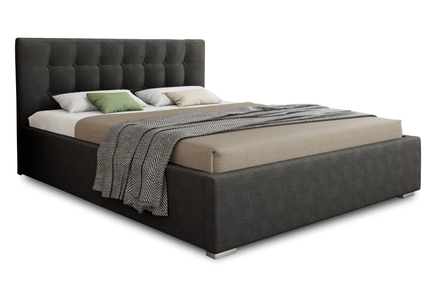 Dunkelgraues Stoffbett mit modernem Design, Knopfsteppung am Kopfteil und stabilen Metallfüßen.
