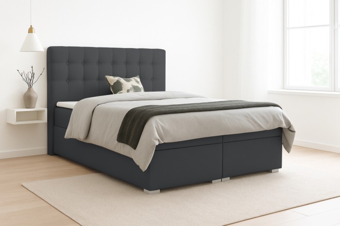 Elegantes Boxspringbett Claudia in Anthrazit mit abgestepptem Kopfteil für ein modernes Schlafzimmer.