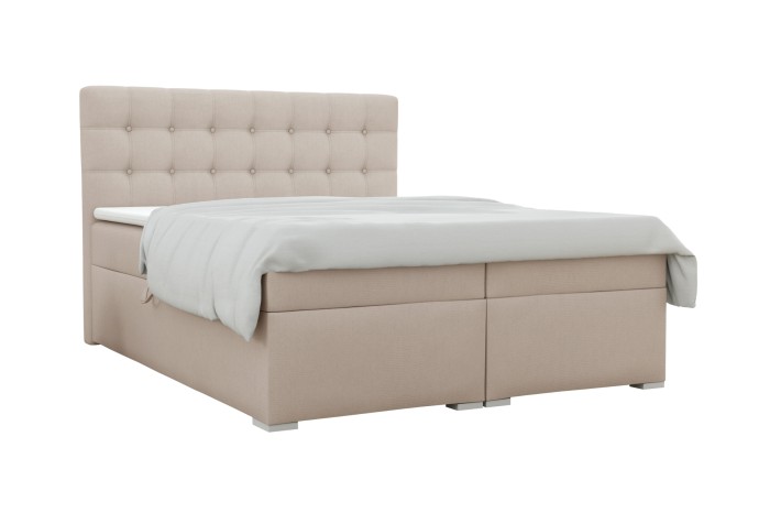 Beiges Boxspringbett Claudia mit gepolstertem Kopfteil und Bettkasten, freigestellt auf Weiß.