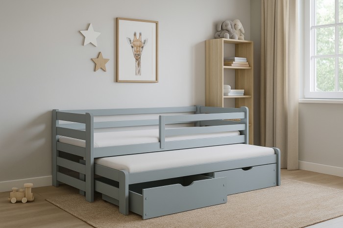 Graues Funktionsbett für Kinder mit Ausziehfunktion und zwei geräumigen Schubladen unter der Liegefläche.