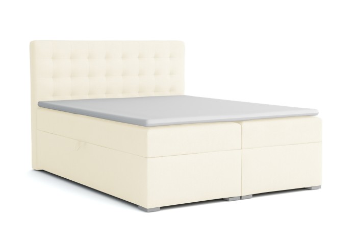 Creme-weißes Boxspringbett LIVIA mit gepolstertem Kopfteil, isoliert auf weißem Hintergrund.