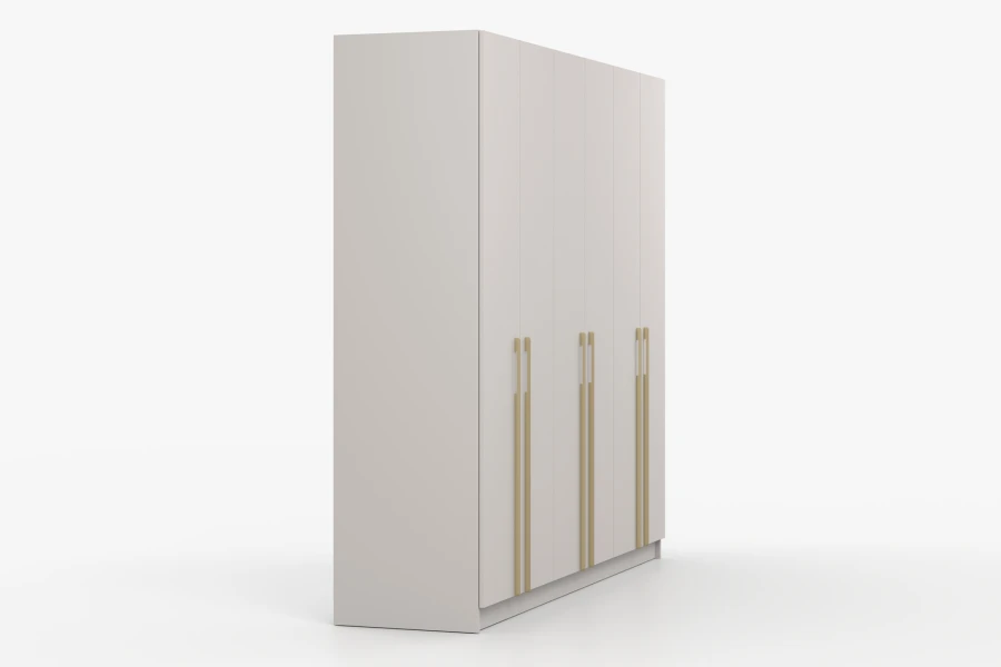 Beiger 6-türiger Kleiderschrank mit langen goldenen Griffen, Seitenansicht.