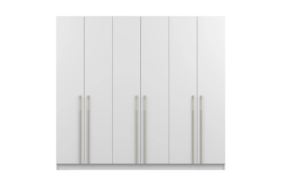 Moderner weißer Kleiderschrank mit 6 Türen und eleganten goldenen Griffstangen auf weißem Hintergrund.