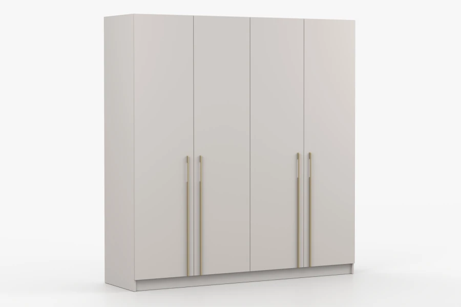 Light grey 4-door wardrobe with minimalist gold handles, side view isolated.