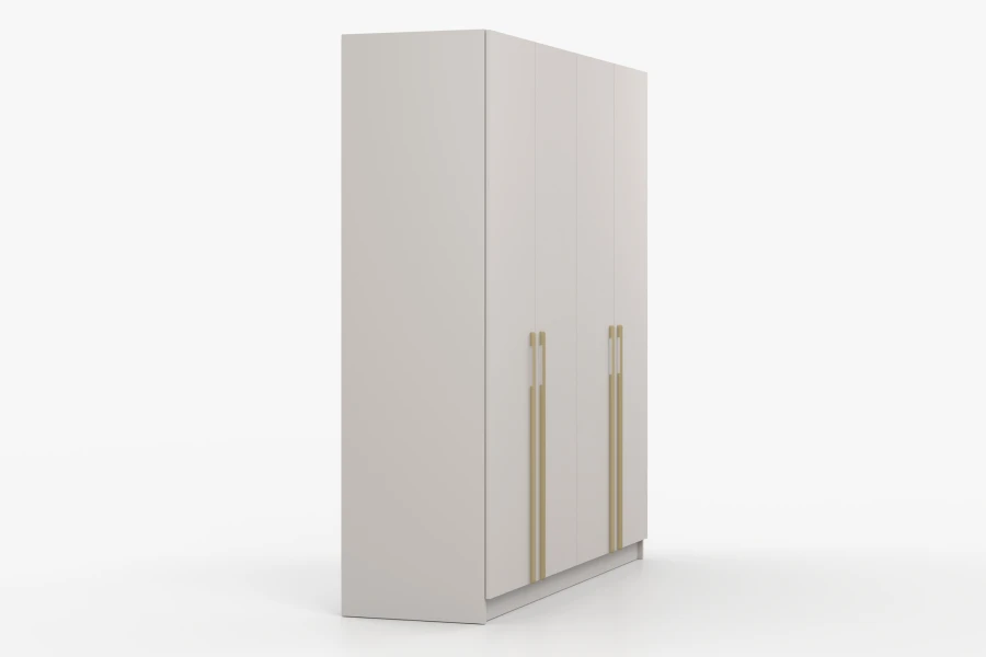 Seitenansicht eines minimalistischen beigen Kleiderschranks mit vier Türen und Goldakzenten.