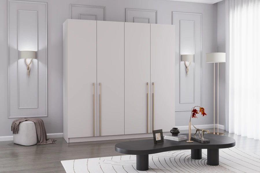 Moderner beiger Kleiderschrank in einem stilvoll eingerichteten Schlafzimmer mit Couchtisch und Teppich.