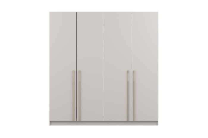 Moderner 4-türiger Kleiderschrank in Kaschmir-Beige mit eleganten goldenen Griffen.