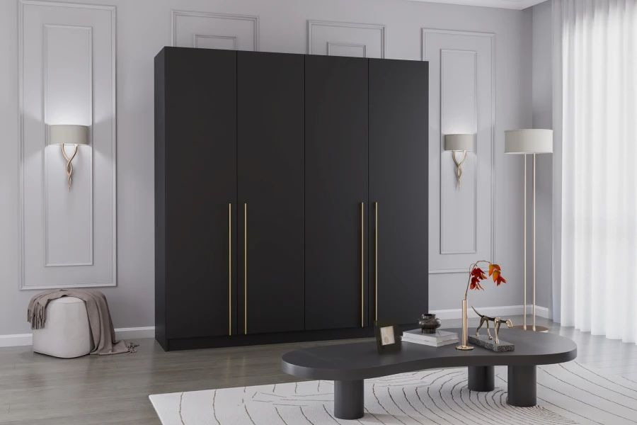 Moderner schwarzer Kleiderschrank mit 4 Türen und goldenen Griffen im stilvollen Wohnzimmer.