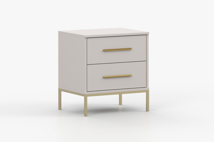 Hellgrauer Nachtschrank mit 2 Schubladen, goldenen Griffen und Füßen in modernem Design.