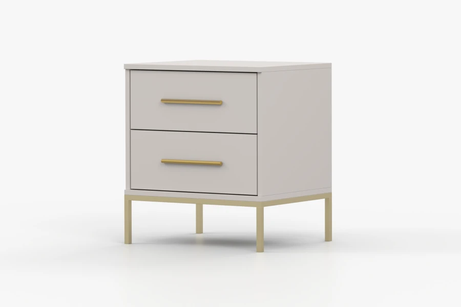 Modern grey nightstand with two drawers and gold accents in perspective.