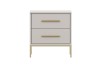 Elegant front view of a light grey nightstand with two drawers and gold legs.