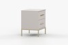 Minimalistischer grauer Nachtschrank mit goldfarbenen Details, Ansicht von der Seite.