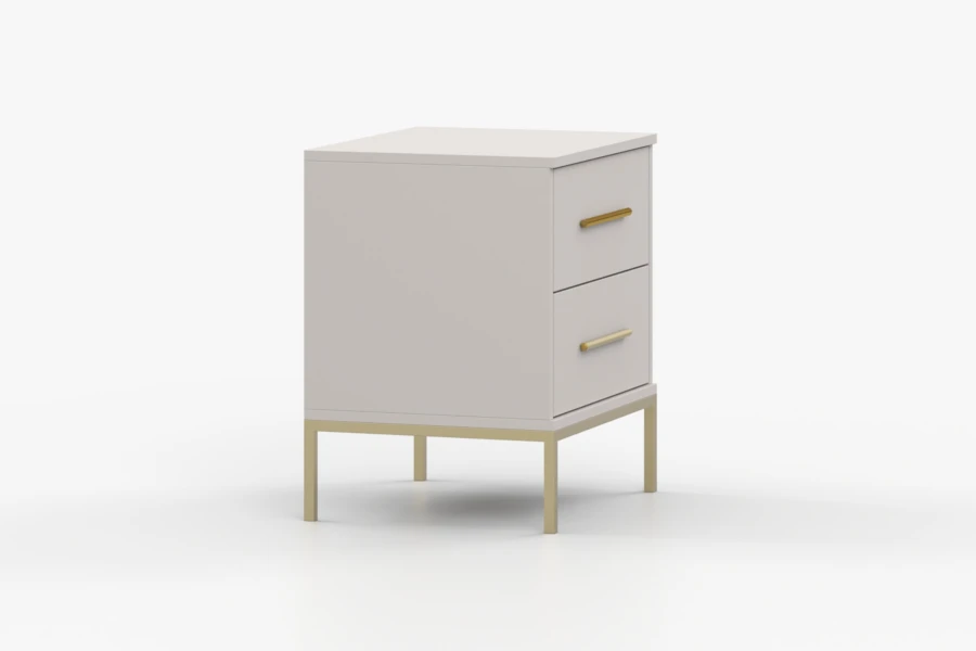 Minimalistisch grijs nachtkastje met goudkleurige details, zijaanzicht.