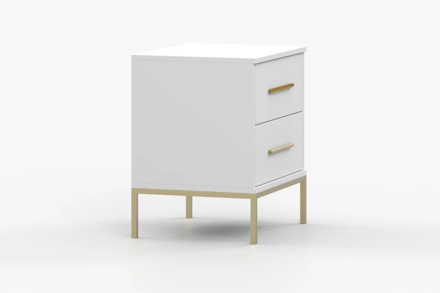 Zijaanzicht van een moderne witte bijzettafel met elegante gouden pootjes en lades.