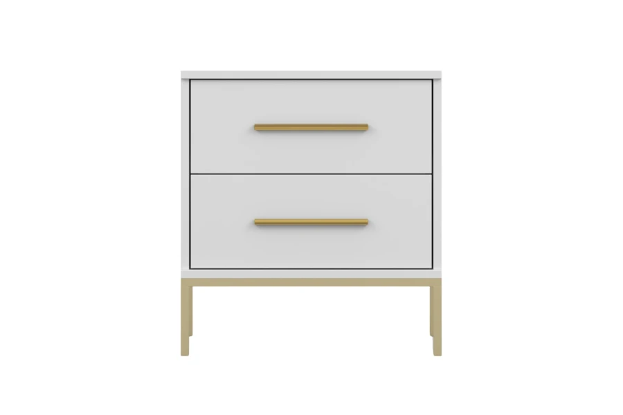 Direct front view of a minimalist white nightstand with two gold handles.