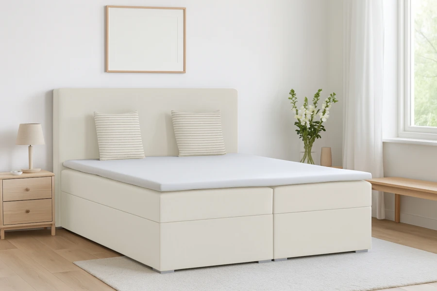Beiges Boxspringbett in hellem, skandinavisch eingerichtetem Schlafzimmer.
