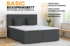 Produktübersicht des Basic Boxspringbetts mit Details zu Bettkästen, Farbauswahl und Kaltschaum-Topper.