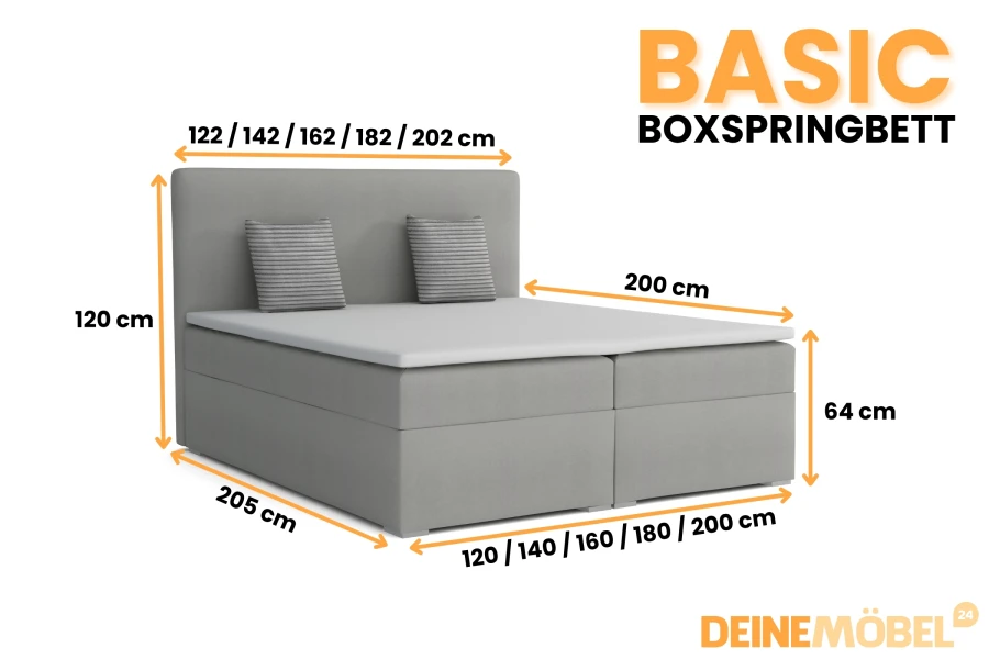 Abmessungen des Basic Boxspringbetts mit verschiedenen Breiten und Höhenangaben.