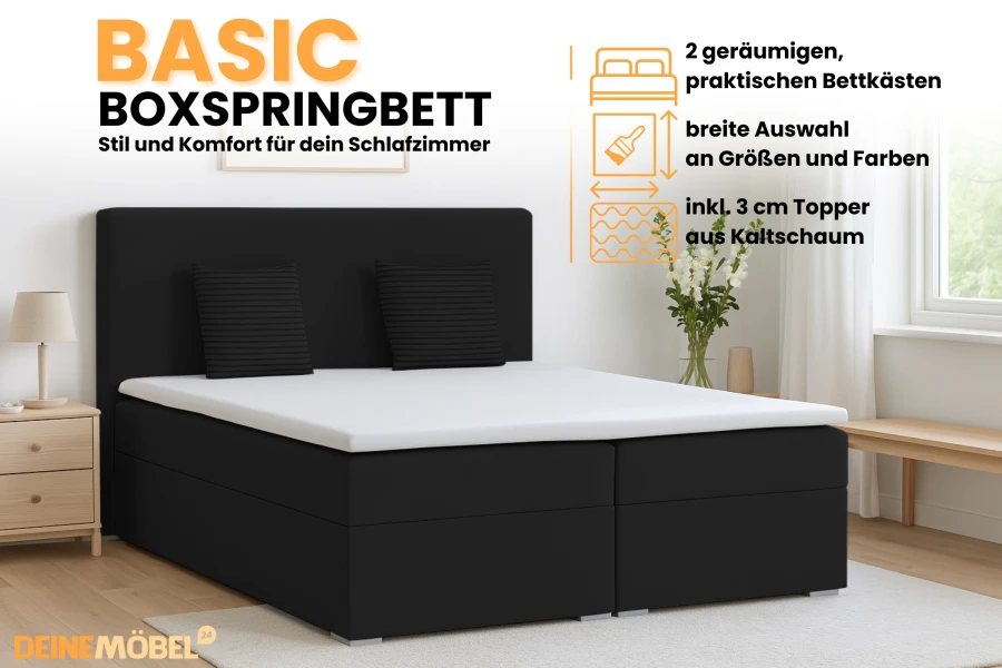 Vorteile des Basic Boxspringbetts: Stauraum, Farbauswahl und inklusiver Kaltschaum-Topper.