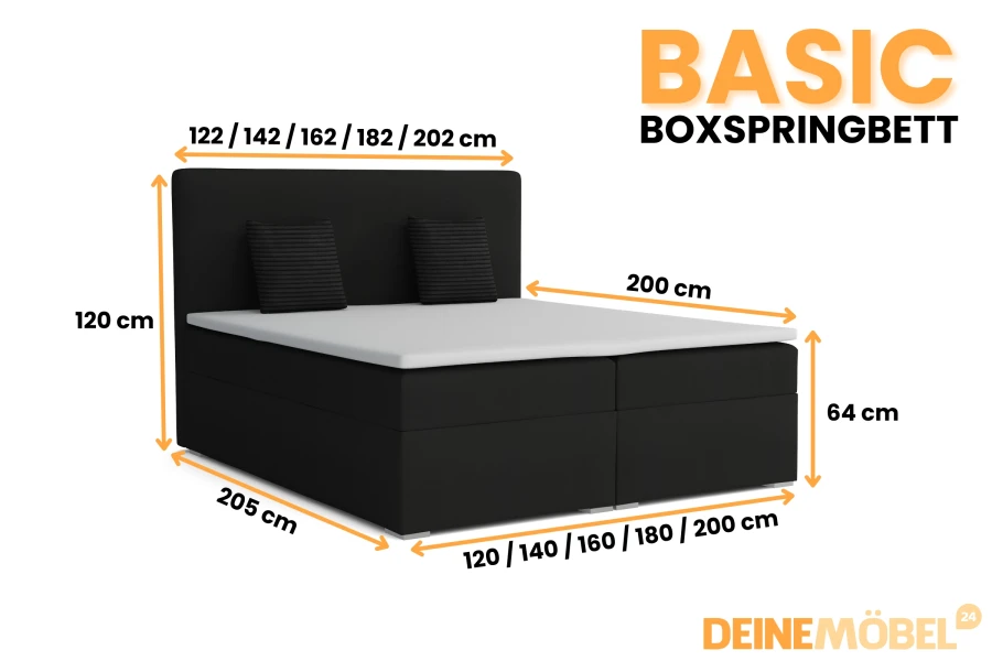 Maßangaben für das Boxspringbett Basic: Übersicht der verschiedenen Größen und Höhen