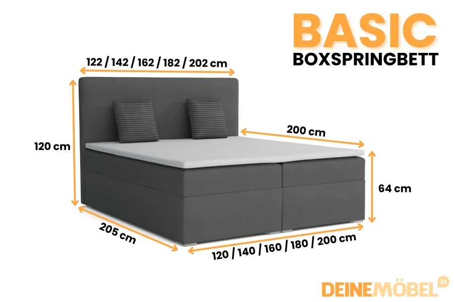 Abmessungen und Maße des Basic Boxspringbetts: Breite 120-200 cm, Höhe 120 cm, Tiefe 205 cm.