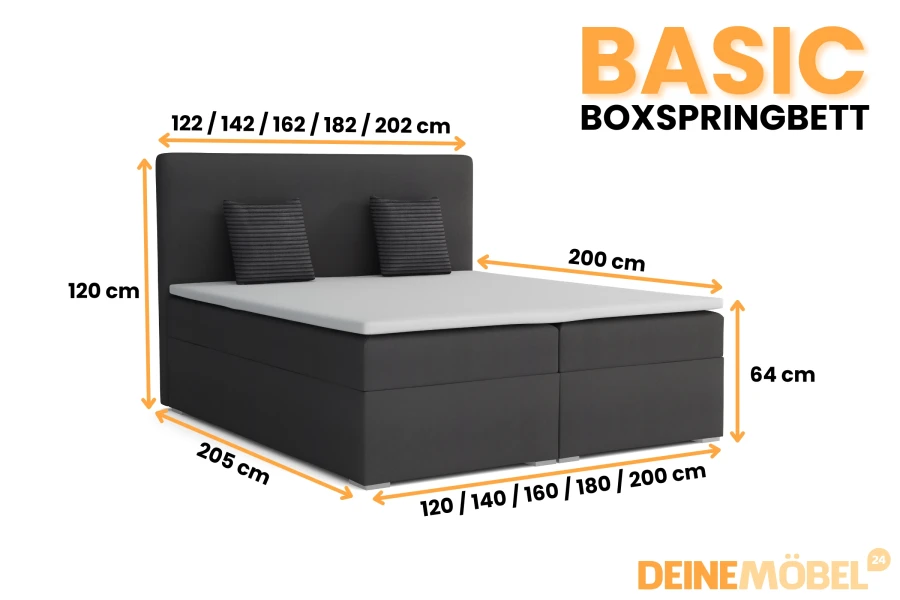 Abmessungen des Basic Boxspringbetts in verschiedenen Größen und Höhenangaben.