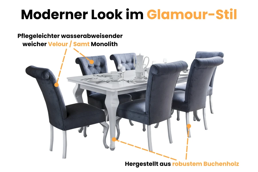 Produktdetails der Essgruppe: Wasserabweisender Samt-Monolith-Bezug und Füße aus Buchenholz.