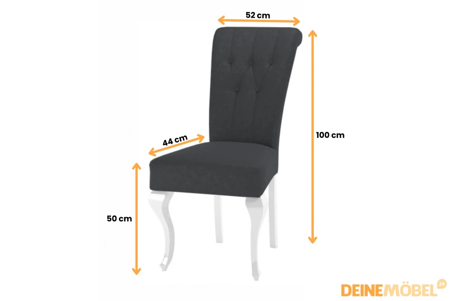 Detaillierte Maße des schwarzen Samtstuhls mit einer Gesamthöhe von 100 cm und 50 cm Sitzhöhe.