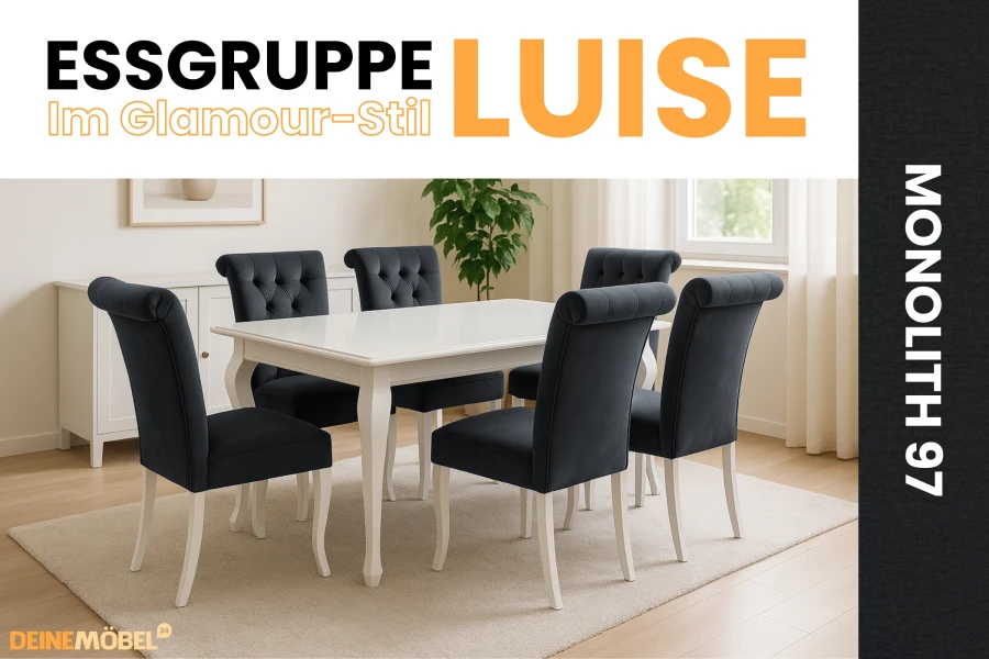 Essgruppe Luise im Glamour-Stil mit Monolith 97 Polsterstühlen und weißem Esstisch.