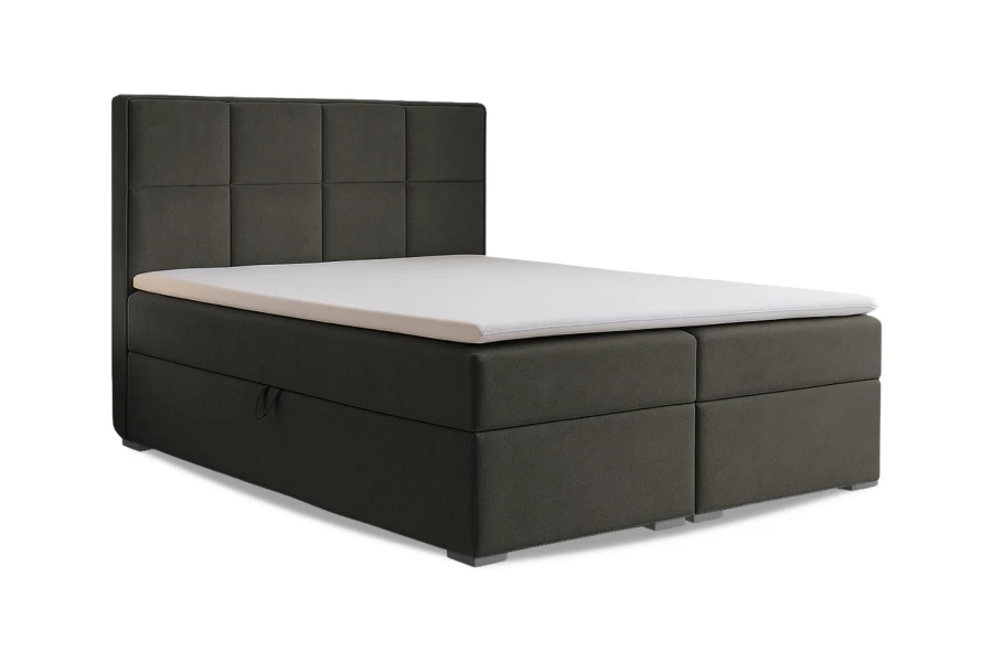 Modernes Boxspringbett Caro in Anthrazit mit gestepptem Kopfteil und inkludiertem Kaltschaum-Topper.