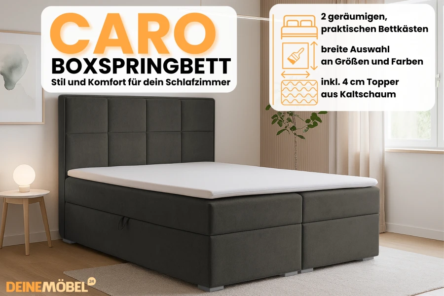 Highlights des Caro Boxspringbetts: 2 Bettkästen, große Farbauswahl und inklusiver 4 cm Topper.