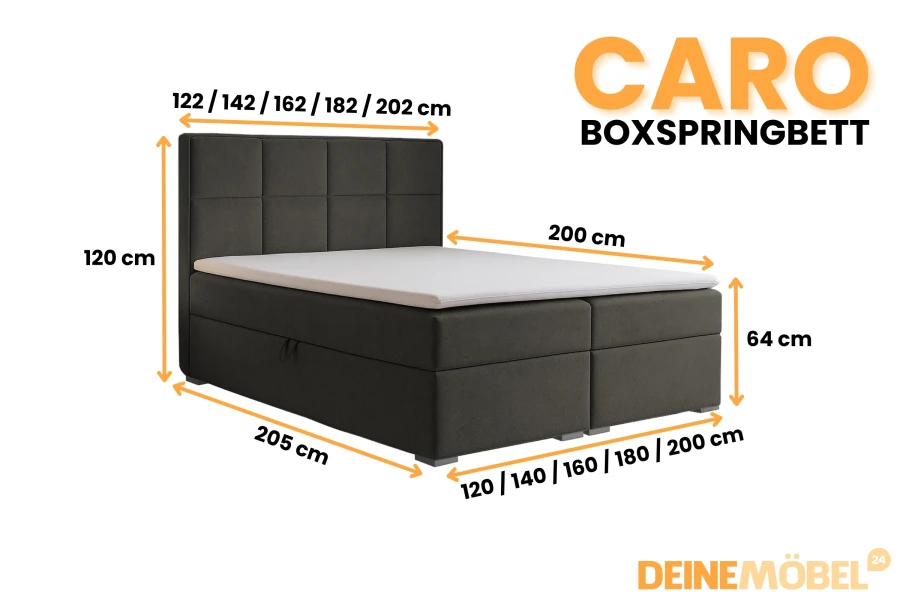 Abmessungen und Maße für das Caro Boxspringbett in verschiedenen Varianten.