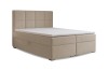 Beiges Boxspringbett mit hohem Kopfteil und weißem Topper, isoliert auf Weiß