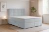 Hellblaues Polsterbett in einem modern eingerichteten Schlafzimmer mit Teppich und Pflanze.