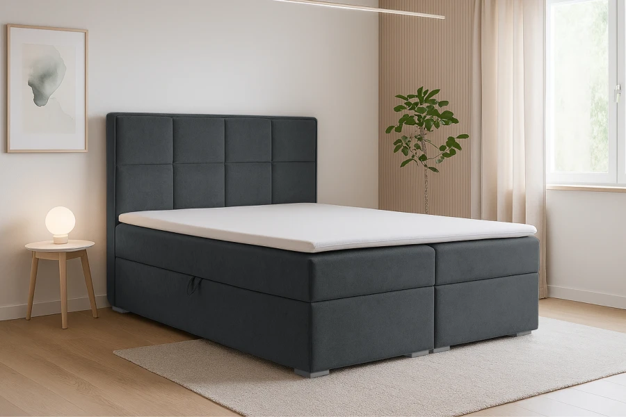 Modernes Boxspringbett in Anthrazit mit gepolstertem Kopfteil für ein stilvolles Schlafzimmer.