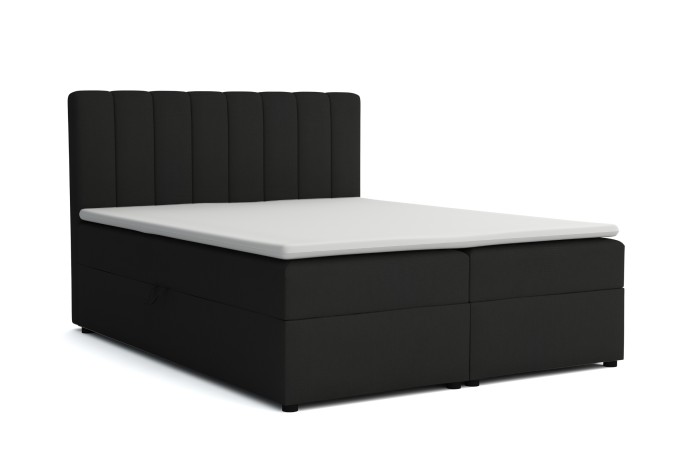 Modernes Boxspringbett Vika in Schwarz mit gepolstertem Kopfteil, freigestellt.