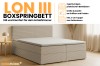 Werbebanner für das Lon III Boxspringbett mit Highlights wie Bettkasten und Topper.