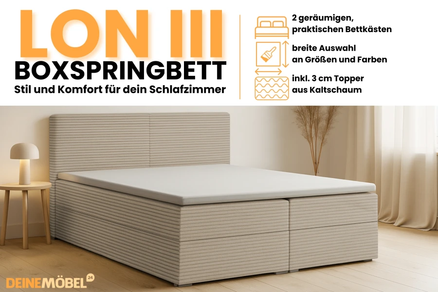 Werbebanner für das Lon III Boxspringbett mit Highlights wie Bettkasten und Topper.