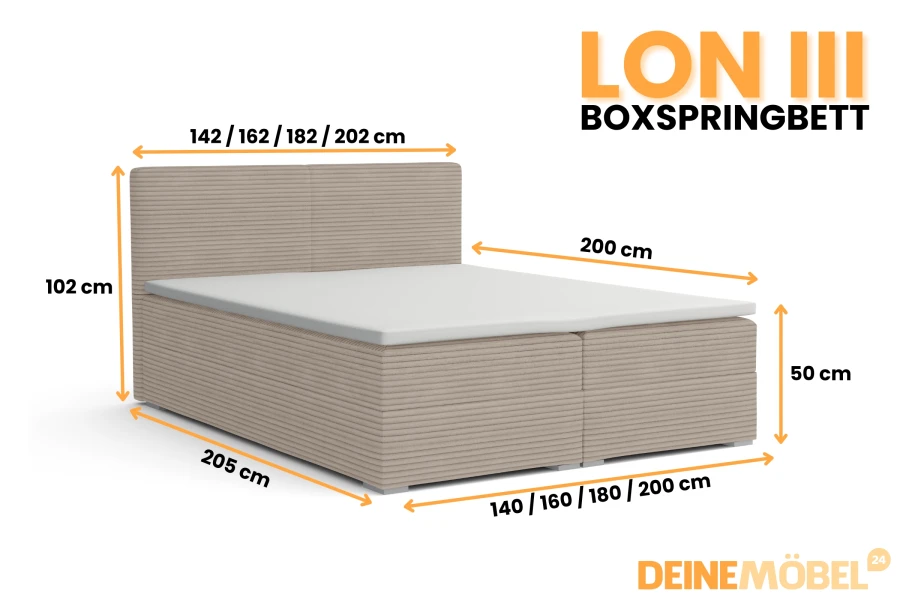 Maßskizze für das Boxspringbett Lon III mit verschiedenen Größenoptionen.
