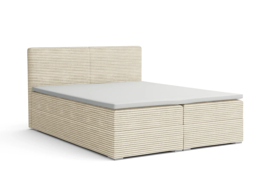 Freigestelltes Boxspringbett in Beige mit strukturiertem Cordstoff-Bezug.