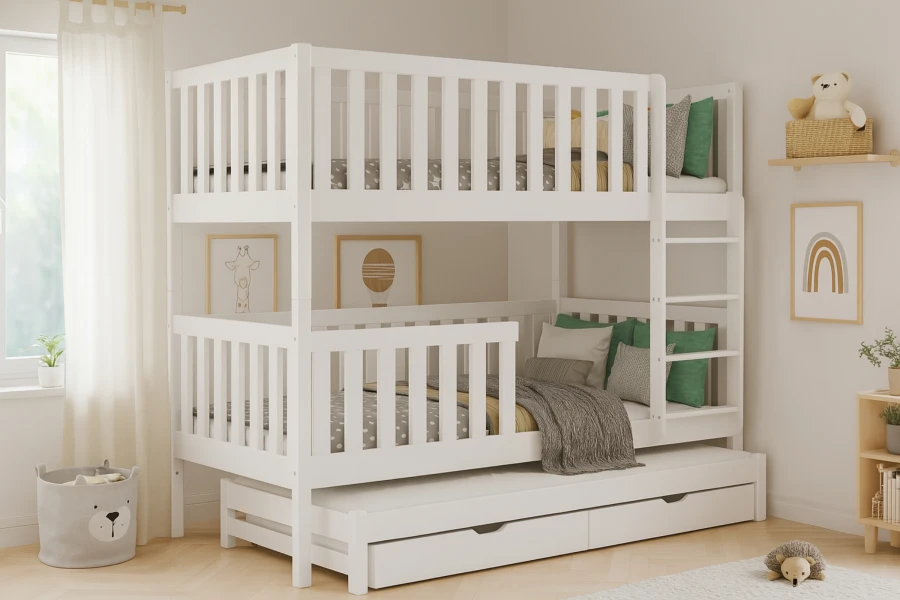 White children's bunk bed made of solid wood with third sleeping space and drawers.
