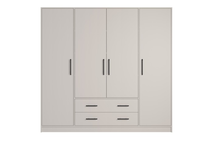 Moderner 4-türiger Kleiderschrank in Beige mit eleganten schwarzen Griffen und Schubladen.