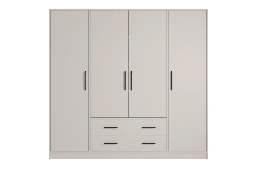 Moderne 4-deurs kledingkast in beige met elegante zwarte handgrepen en lades.