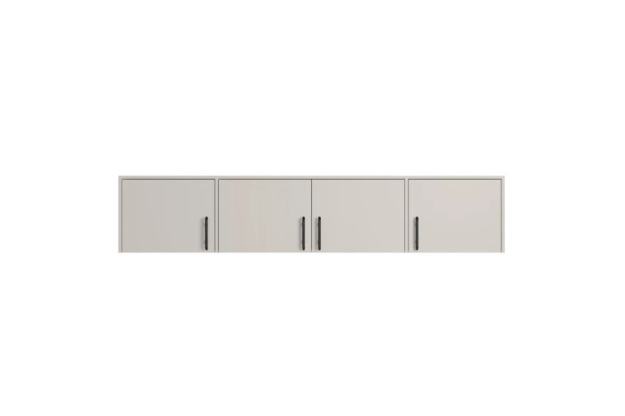 Moderner Hängeschrank in Beige mit schwarzen Griffen, vierteiliges Set für die Wandmontage.