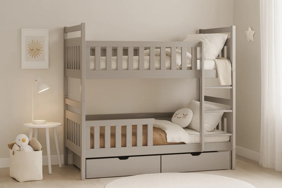 Gemütliches Kinderzimmer mit grauem Etagenbett, Bettkasten und kindgerechter Dekoration.