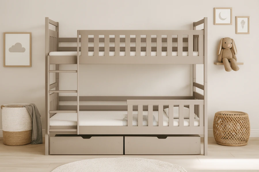 Stilvolles Stockbett in Beige mit Stauraum-Schubladen in einem hellen Kinderzimmer-Ambiente.