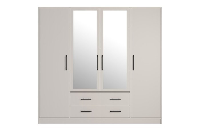 Moderner 4-türiger Kleiderschrank in Beige mit zwei Spiegeltüren, schwarzen Griffen und zwei Schubladen.