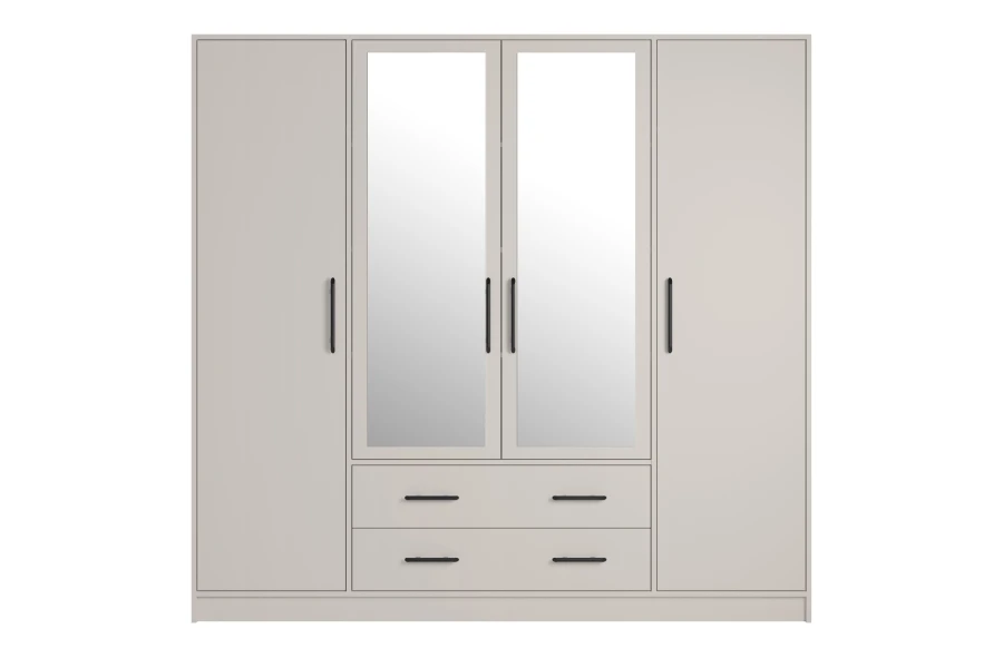 Modern 4-door wardrobe in beige with two mirrored doors, black handles and two drawers.