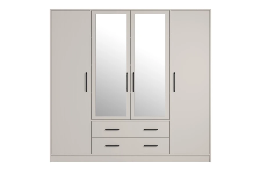 Moderner 4-türiger Kleiderschrank in Beige mit zwei Spiegeltüren, schwarzen Griffen und zwei Schubladen.