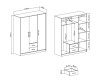 Maßskizze 3-türiger Kleiderschrank 150x190 cm mit Inneneinteilung und Schubladen-Details.